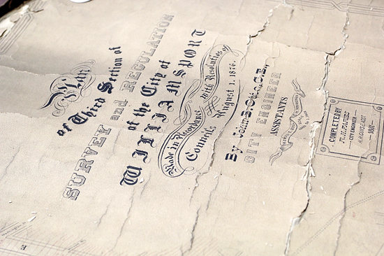 KAREN VIBERT-KENNEDY/Sun-Gazette A document reveals a survey of Williamsport done by John B. Otto, survey engineer, on Aug. 1, 1876. The document is among many recently discovered in City Hall by Rebecca Haladay, city engineer and assistant general manager of the city public works department.